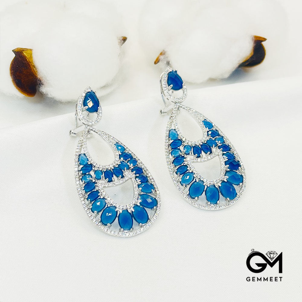 Pear-Shaped Center Hollow Blue Stone Pendant Earrings