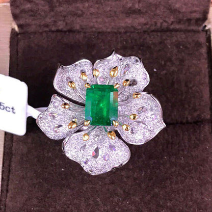 Micro Pave Diamond Simulated Emerald Flower Swing Ring