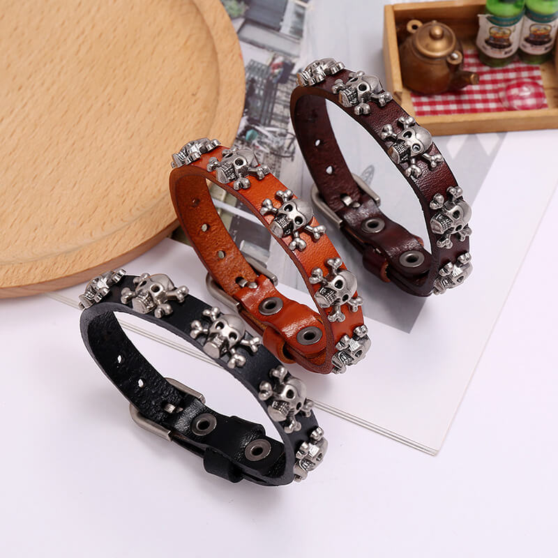 Halloween Hip Hop Vintage Skull Leather Adjustable Bracelet