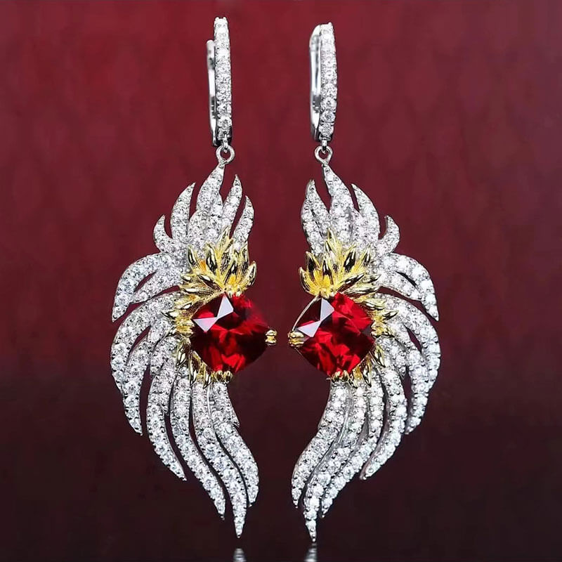 Imitation Red Corundum Fire Phoenix Earrings Bright Pigeon Blood Ruby Crane Pendant Brooch Double Wear