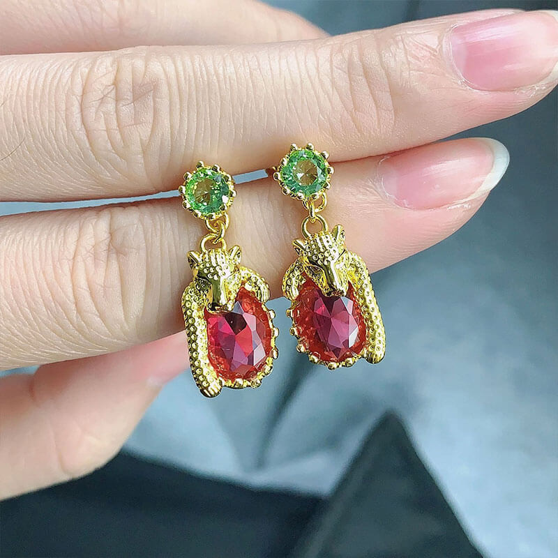 Red Diamond Leopard Earrings Vintage Imitation Ruby Stud Earrings Long Drop Earrings