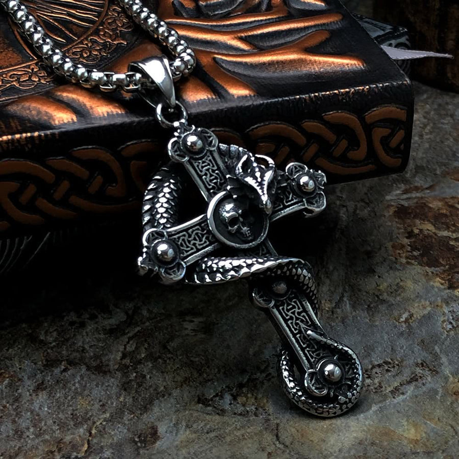 Mens Skull Dragon Cross Necklace