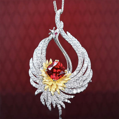 Imitation Red Corundum Fire Phoenix Earrings Bright Pigeon Blood Ruby Crane Pendant Brooch Double Wear