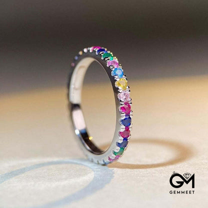 White Gold Prong Common Rainbow Stones Band Ring