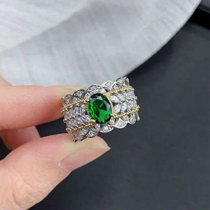 Retro Palace Style Hollow Pattern Two-color Gold High-end Jewelry Lace Imitation Emerald Dove Egg Ring