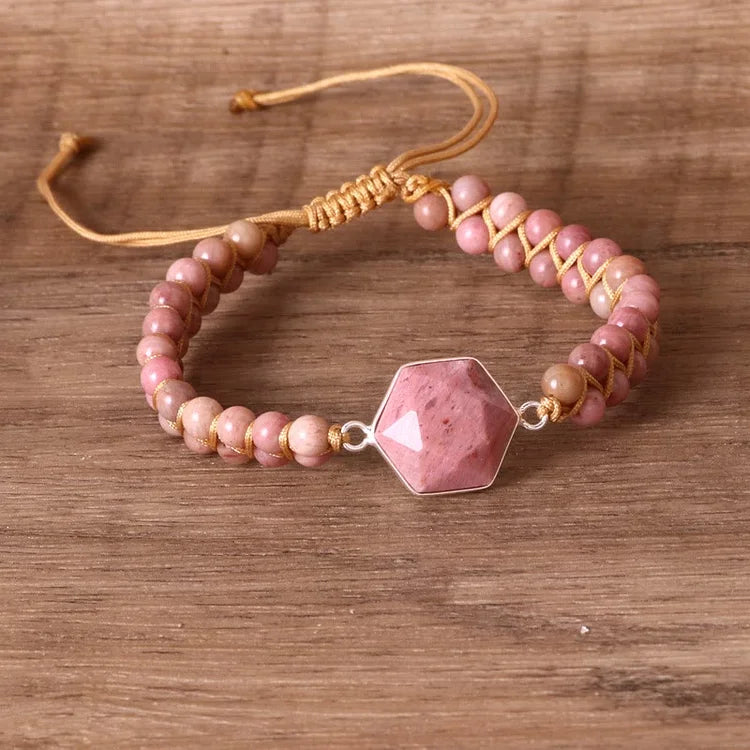 Hexagon Aquamarine Rhodochrosite Wrap Bracelet