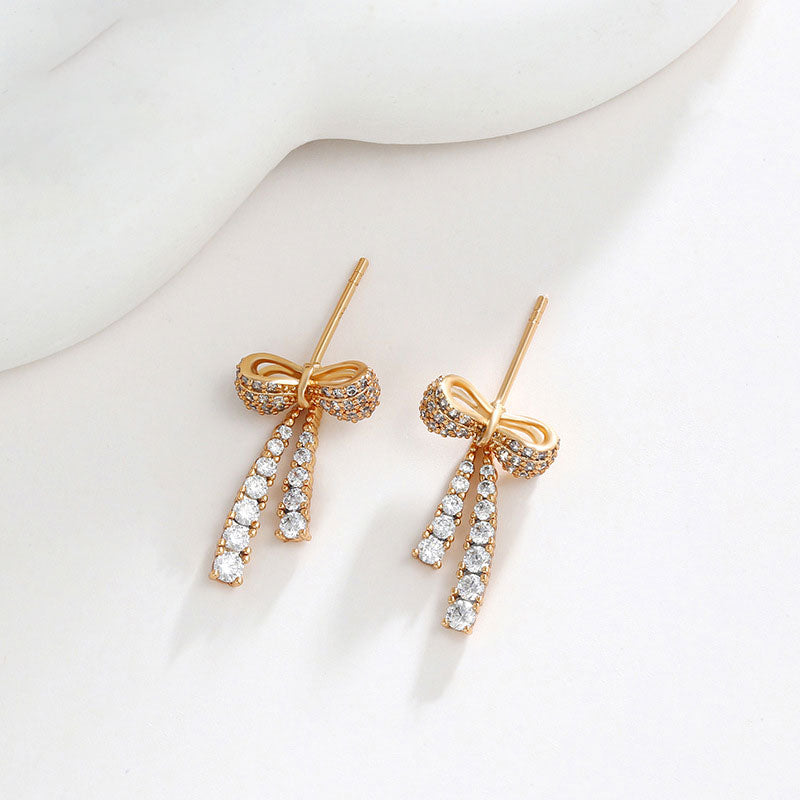 Micro Paved Zircon Tassel Bow Earrings for Women