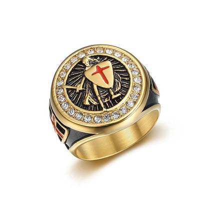 Hip Hop Golden Vintage Templar Red Cross Shield Ring