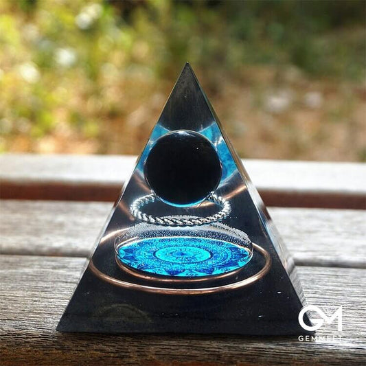 Obsidian Crystal Sphere With Copper Circle Orgone Pyramid