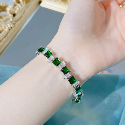 New Light Luxury Imitation Emerald Bracelet Brilliant Colorful Gemstone Princess Solitaire Adjustable Green Diamond Bracelet