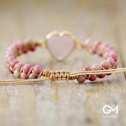 Heart Shape Rose Quartz Stone Beaded Bracelet