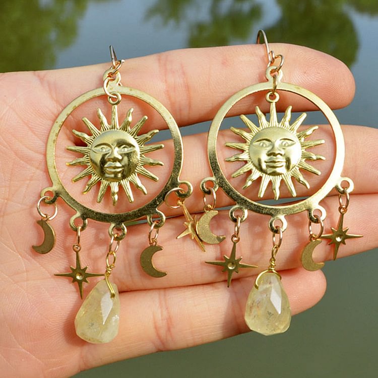 Natural Raindrop Crystal Gold Sun Moon Star Earrings