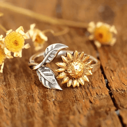 Bohemia Gold Sunflower Silver Leaves Adjustable Ring