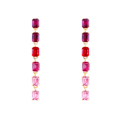 Multi-layered Rectangular Long Tassel Earrings with Colored Zircons