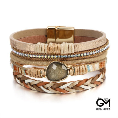 Golden Rutilated Quartz Woven Multi-layered Leather Bracelet