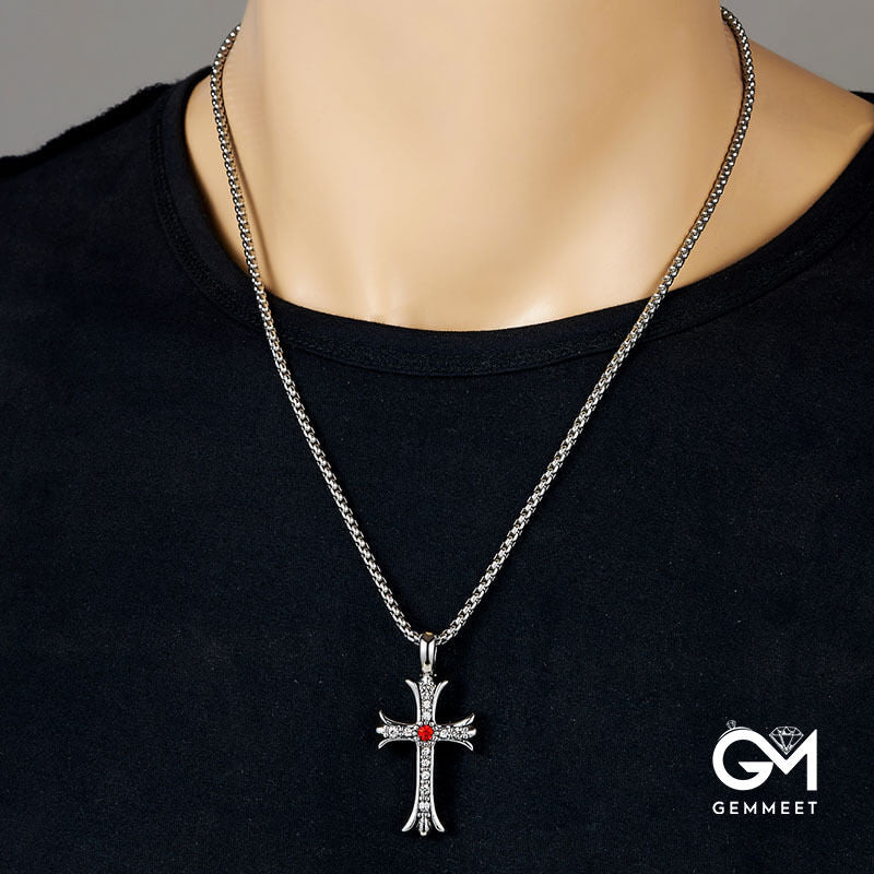 Stainless Steel Cross Pendant Red Zircon Necklace