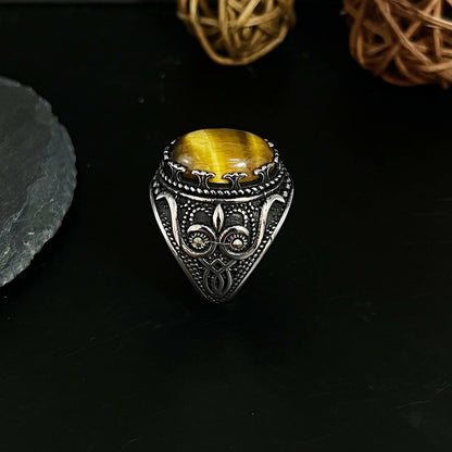 Vintage Large Tiger Eye Stone Mens Ring