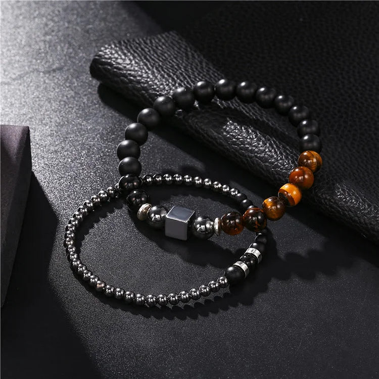 Frosted Tiger Eye Black Cube Stretch Bracelet Set