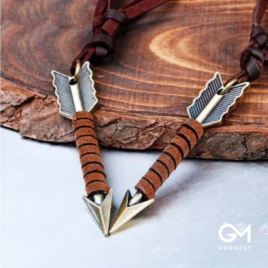 Vintage Cowhide Rope Feather Arrow Necklace