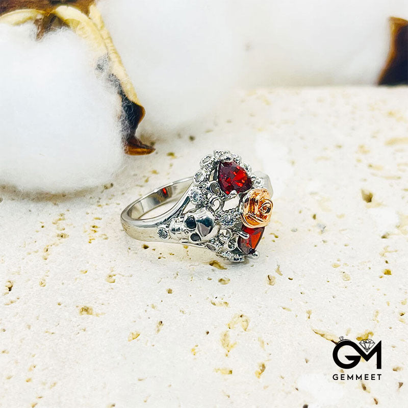 Vintage Skull Heart Red Zircon Ring