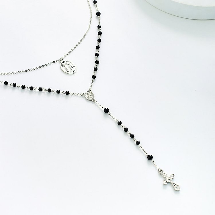 Obsidian Beaded Holy Medal Cross Pendant Rosary Necklace