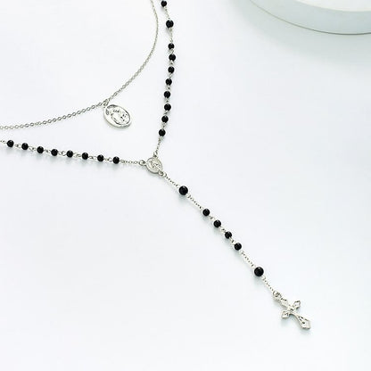 Obsidian Beaded Holy Medal Cross Pendant Rosary Necklace