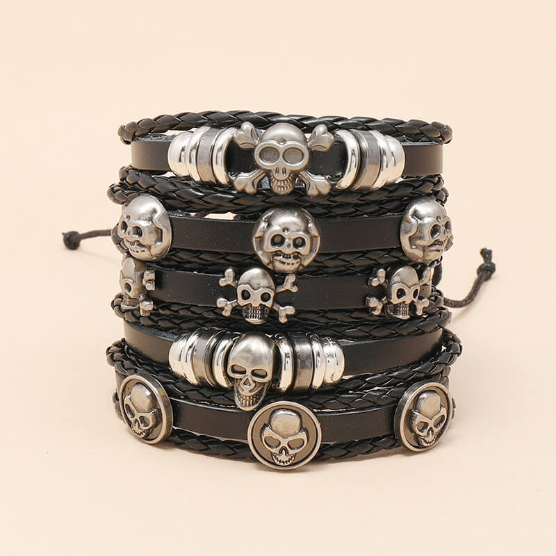 Handmade Beaded Leather Five-Piece Bracelet Skull Halloween Cowhide Bracelets