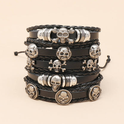 Handmade Beaded Leather Five-Piece Bracelet Skull Halloween Cowhide Bracelets