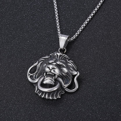 Stainless Steel Ring Large Lion Head Pendant Necklace