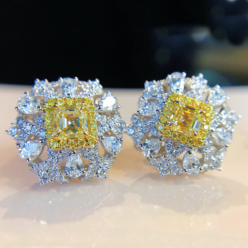 Asscher Intense Fancy Yellow Diamond Stud Earrings Micro Paved Canary Yellow Diamond Earrings for Women