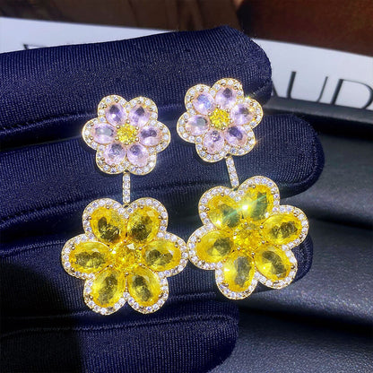 Imitation Sea Blue Diamond Double Flower Exquisite Light Luxury Earrings Burst Ice Flower Yellow Diamond Zircon Earrings