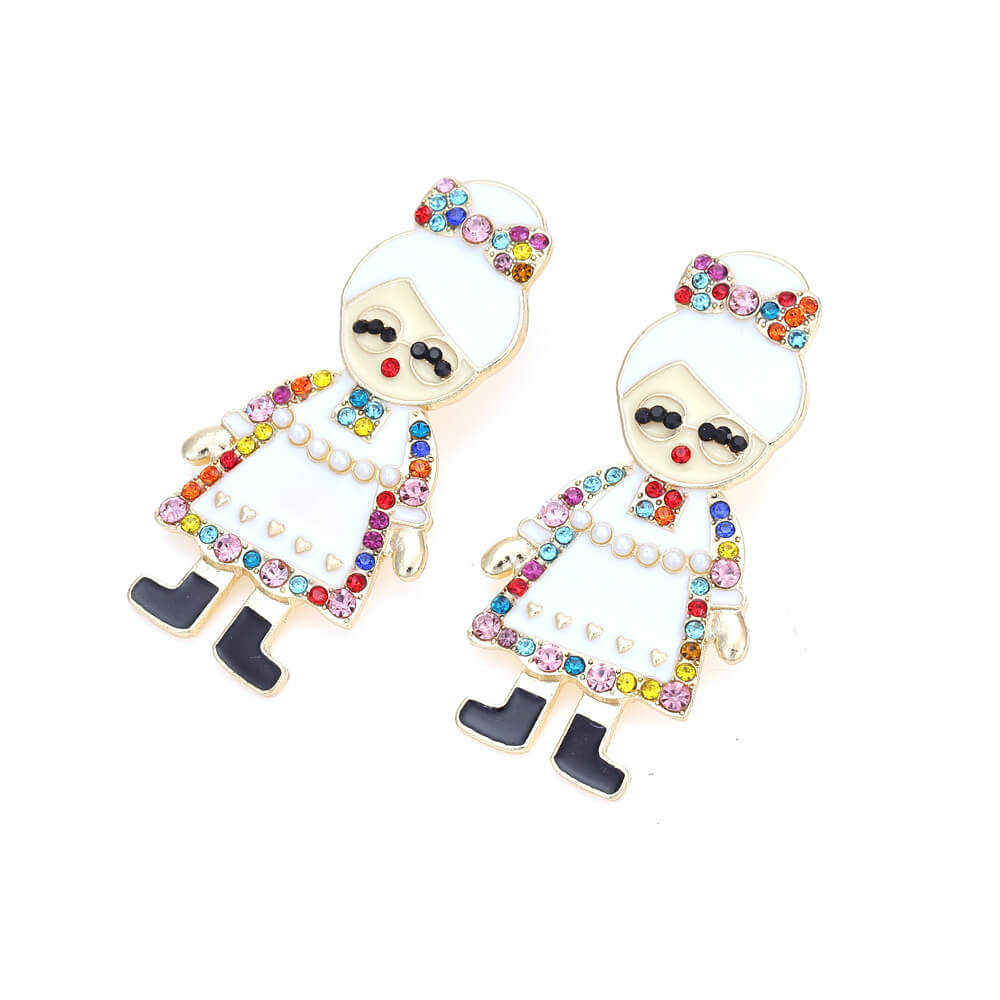 Christmas Cartoon Character Earrings New Christmas Grandma Dripping Oil Earrings Exaggerated Full Color Zircon Earrings