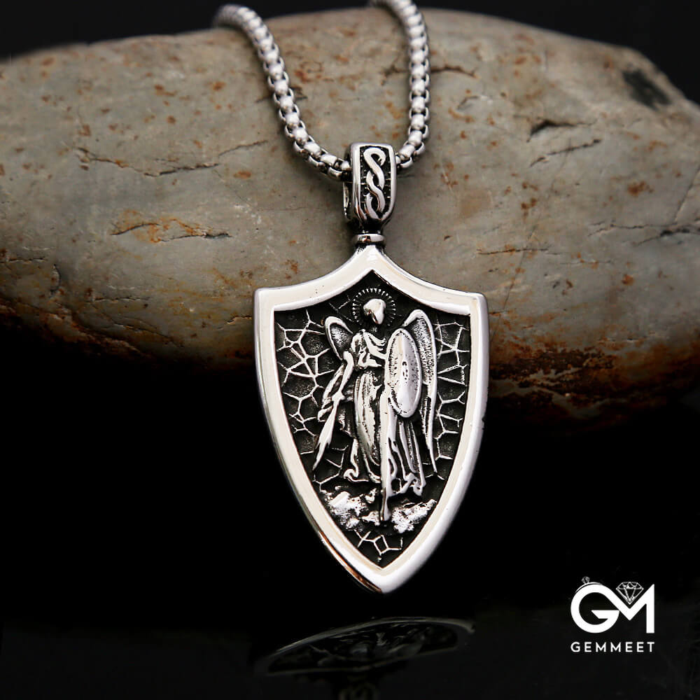 Archangel Stainless Steel Vintage Shield Necklace