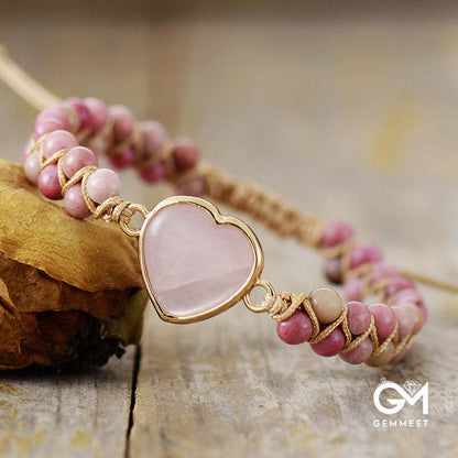 Heart Shape Rose Quartz Stone Beaded Bracelet