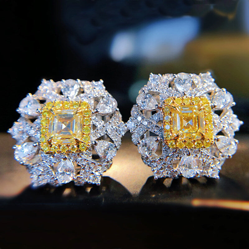 Asscher Intense Fancy Yellow Diamond Stud Earrings Micro Paved Canary Yellow Diamond Earrings for Women