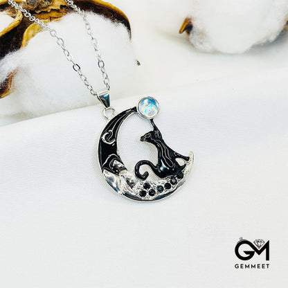 Vintage Moonstone Black Cat Moon Necklace