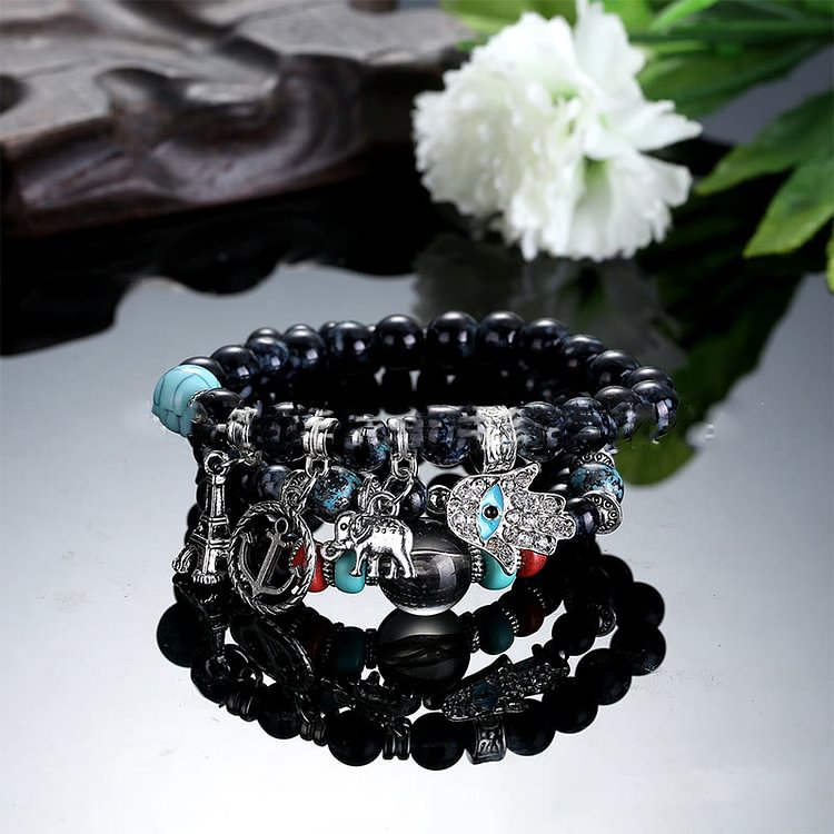 Elephant Tower Evil Eye Hamsa Bracelet Set