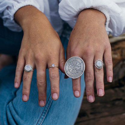 Vintage Big Round Cut Moonstone Rope Texture Ring