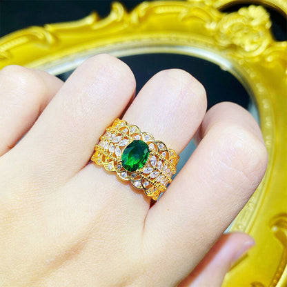 Palace Style Hollow Pattern Two-color Gold High-end Jewelry Lace Imitation Emerald Dove Egg Ring