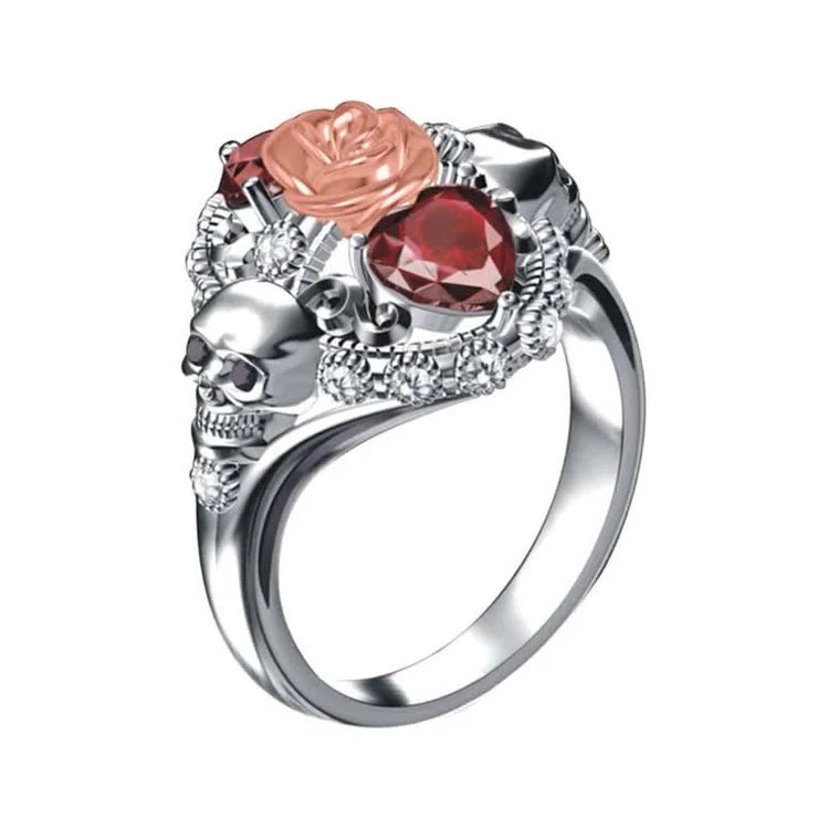 Retro Skull Love Heart Ruby Ring