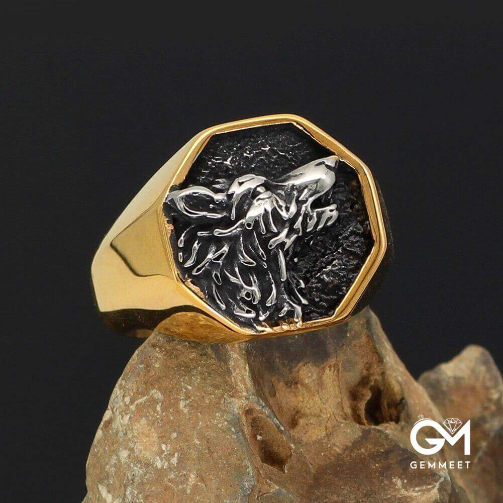 Stainless Steel Viking Wolf Gold Plated Ring