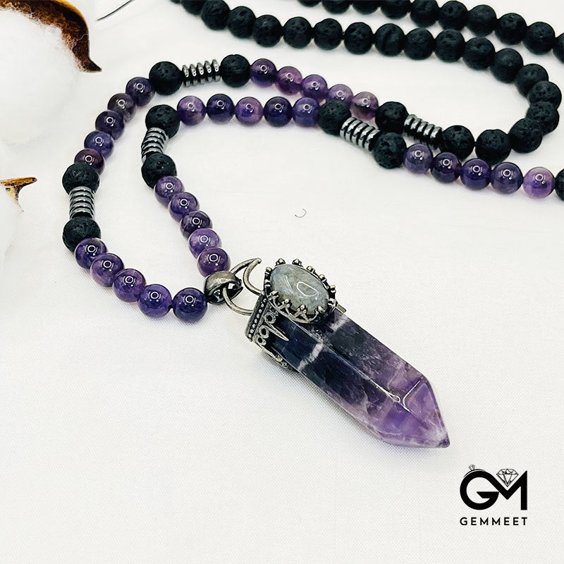 Amethyst Hexagon Prism Pendant Mala Necklace