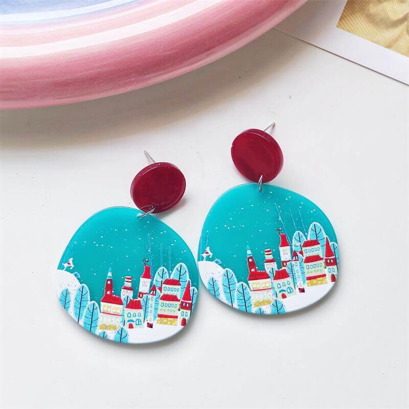 Christmas Vintage Embossed Print Holiday Acrylic Earrings Elk Snowman Christmas Tree