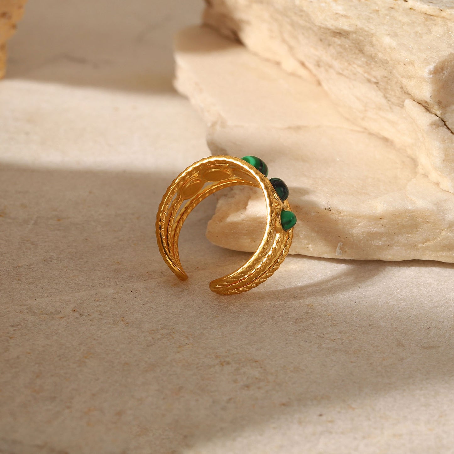 French Vintage Natural Stone 5 Malachite Hollow Ring