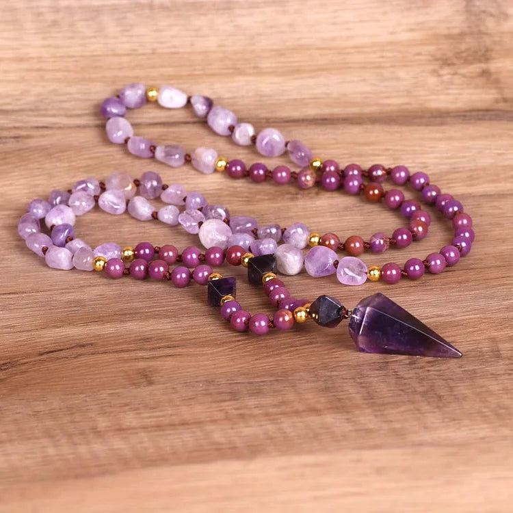 Natural Amethyst Purple Jade Beaded Mala Necklace