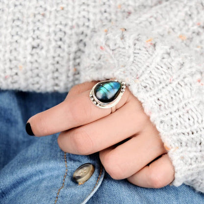 Preorder: Drip Shape Teardrop Labradorite Ring