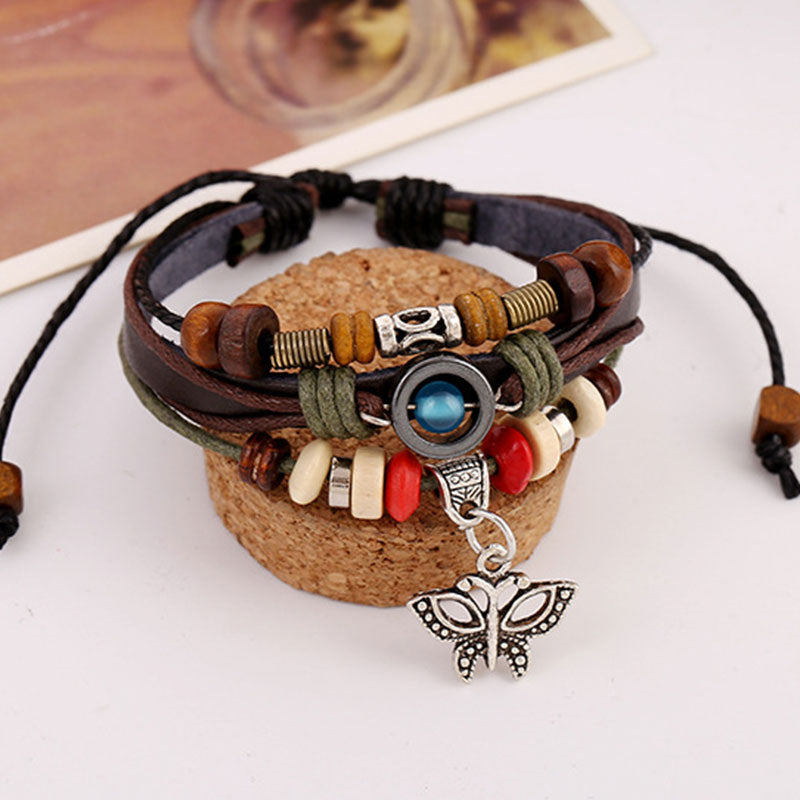 Beaded Cowhide Bracelet Multilayer Woven Vintage Butterfly Pendant Leather Bracelet