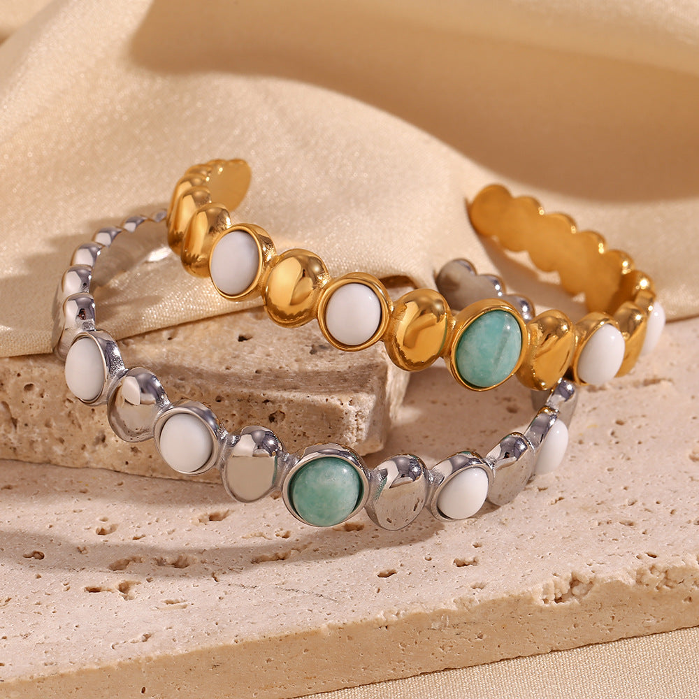 Titanium steel gold-plated oval stone opening bracelet