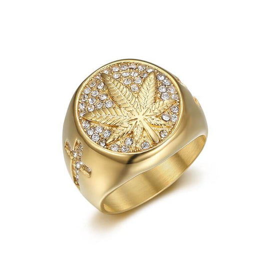 HIPHOP Titanium Steel Gold Maple Leaf Cubic Zirconia Cross Men's Ring