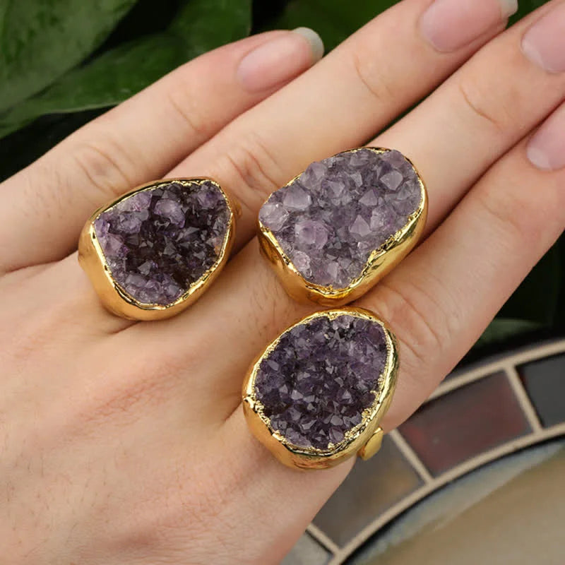 Gold Natural Amethyst Adjustable Gemstone Ring